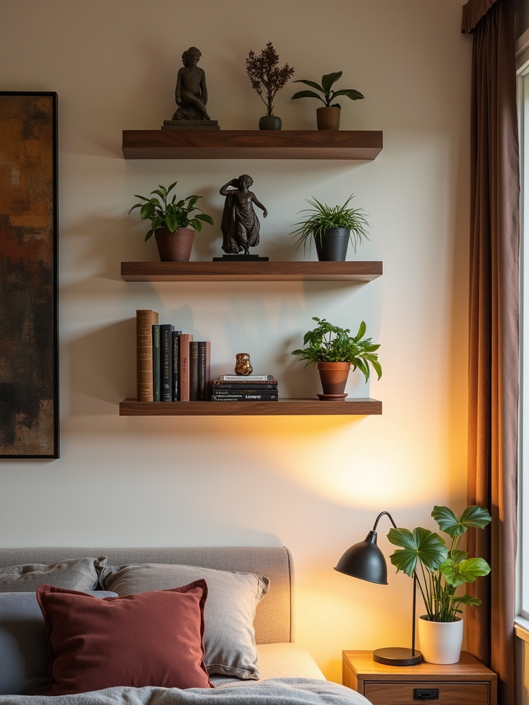 Eclectic bedroom featuring a wall with staggered floating shelves displaying small sculptures, potted plants, and books, illuminated by soft, warm light.