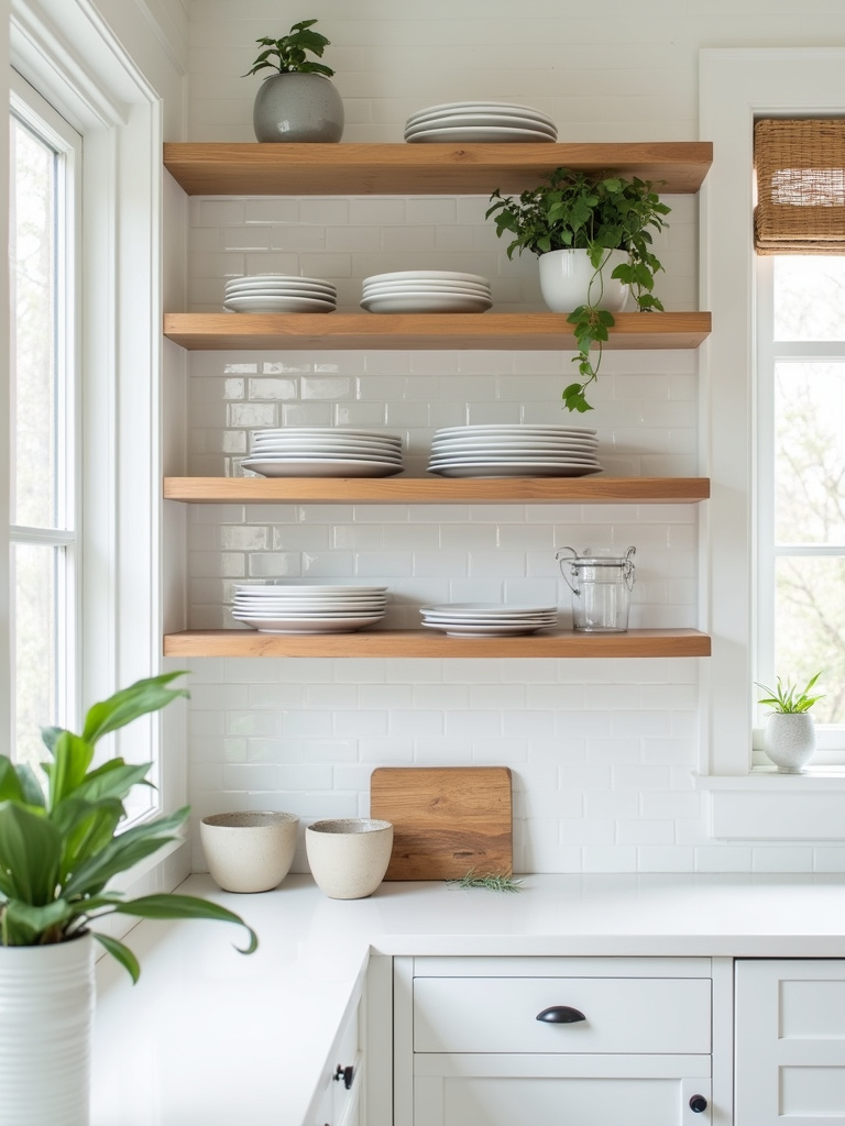 Contemporary kitchen featuring open floating wood shelves displaying minimalist kitchenware.