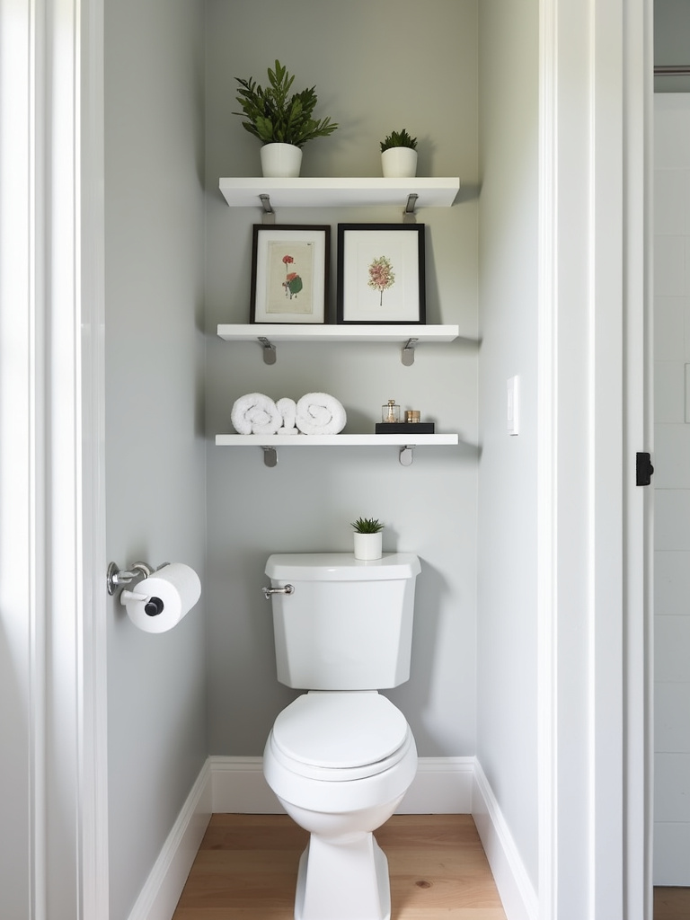 White floating shelves displaying framed art prints, towels, and plants above a toilet in a small minimalist bathroom.