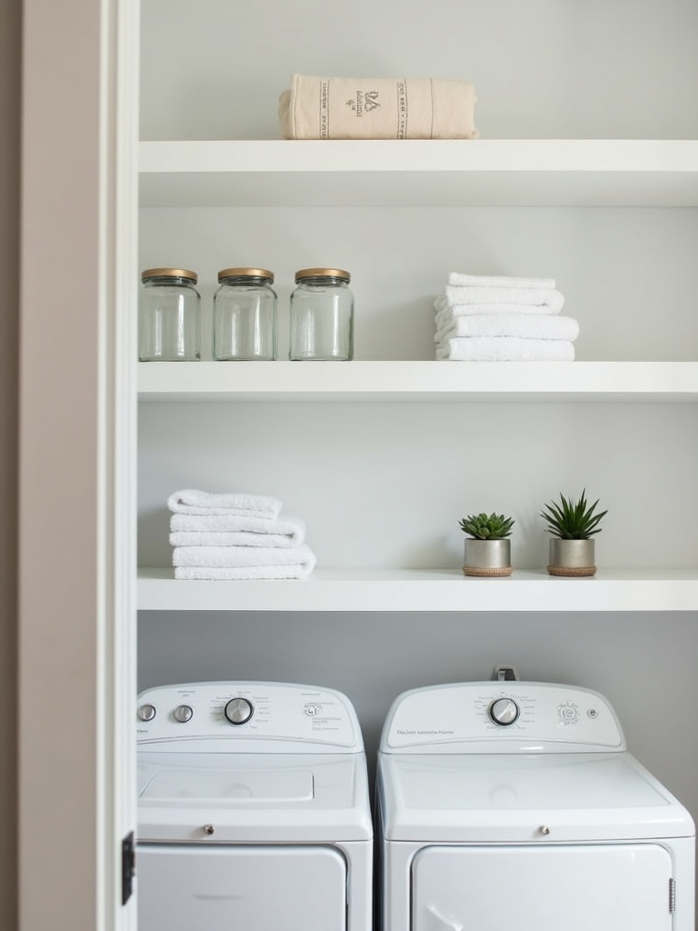 Modern laundry room with white floating shelves styled with folded towels, glass jars, and succulents, mounted on a light gray wall for minimalist and functional display.
