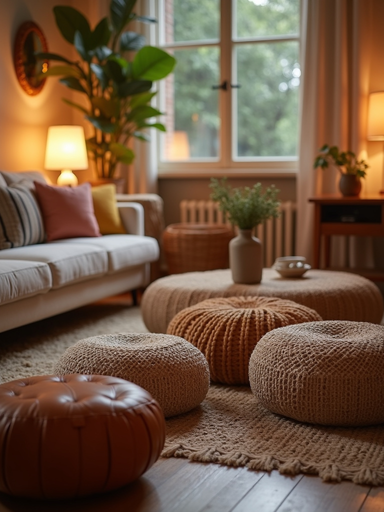 Boho living room seating area with floor cushions and poufs around a low coffee table, creating a relaxed and inviting space.