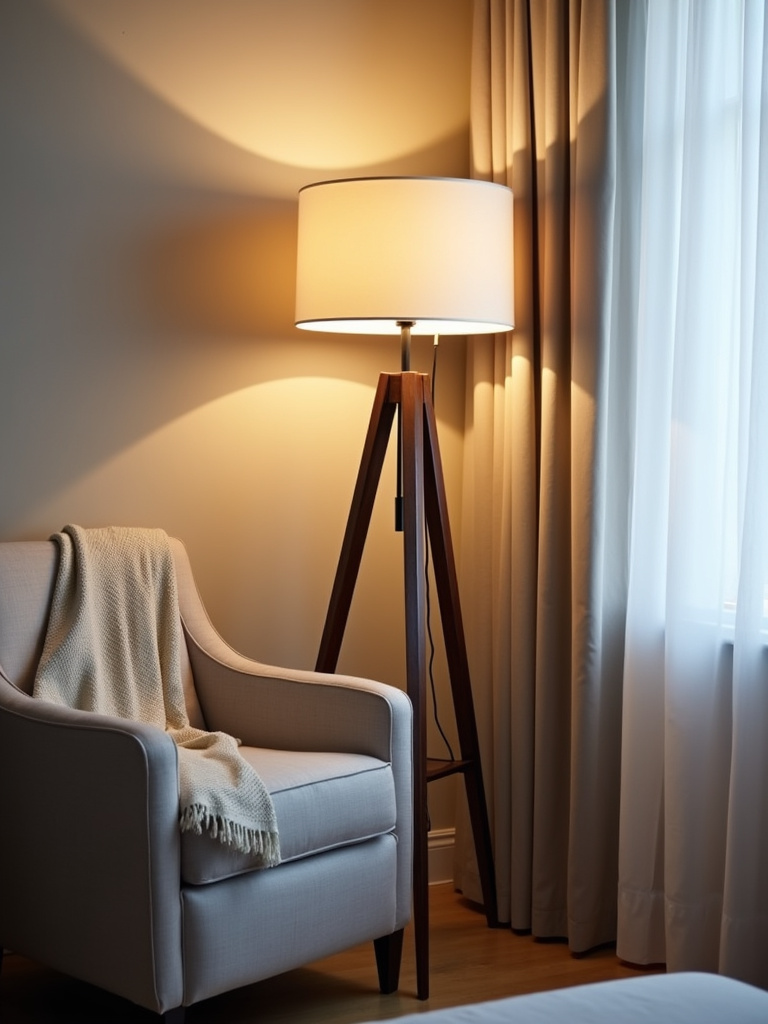 Bedroom corner illuminated by a tall tripod floor lamp next to an armchair.
