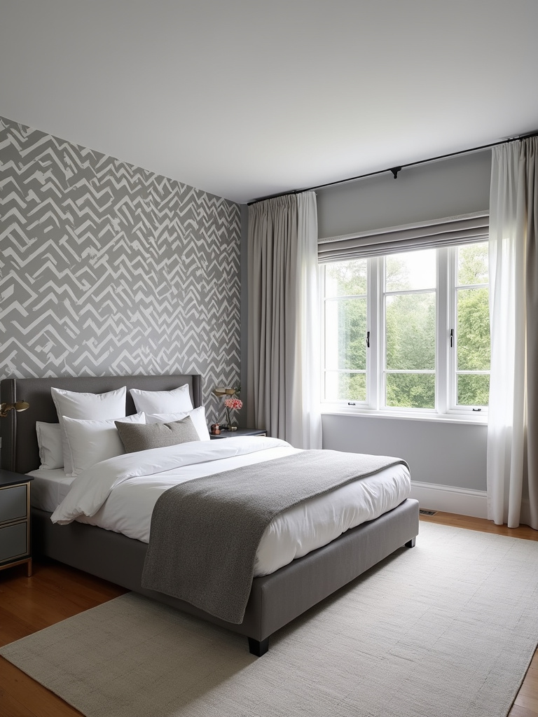 “Modern bedroom with a striking feature wall behind the bed, created with bold geometric patterned wallpaper in grey and white.”
