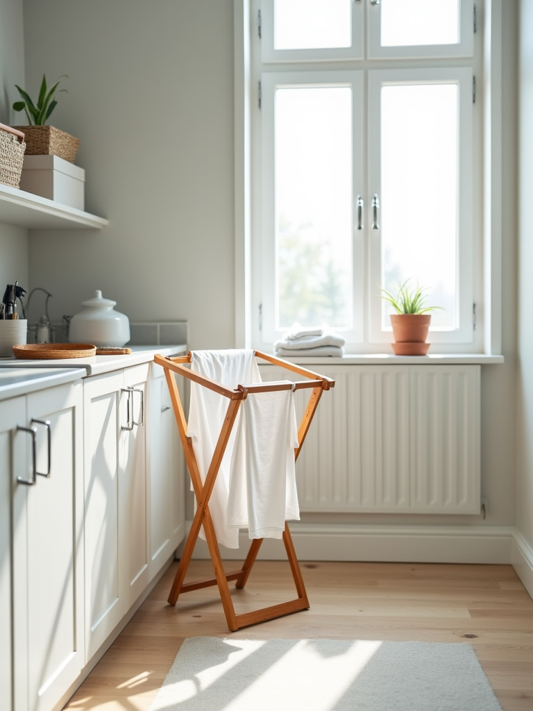 Bright and airy laundry room featuring a foldable bamboo drying rack partially filled with clothes, showcasing a natural and eco-conscious laundry solution.