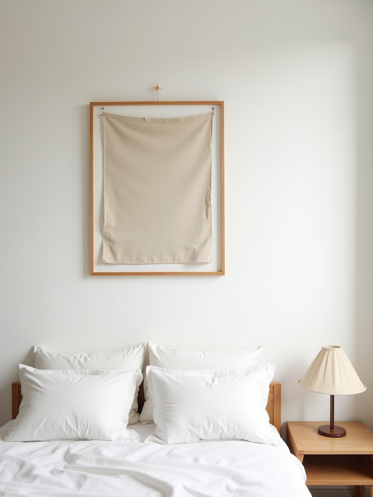 Japandi bedroom featuring a framed piece of natural linen fabric hanging on a white wall above a wooden bed, illuminated by soft, diffused light.