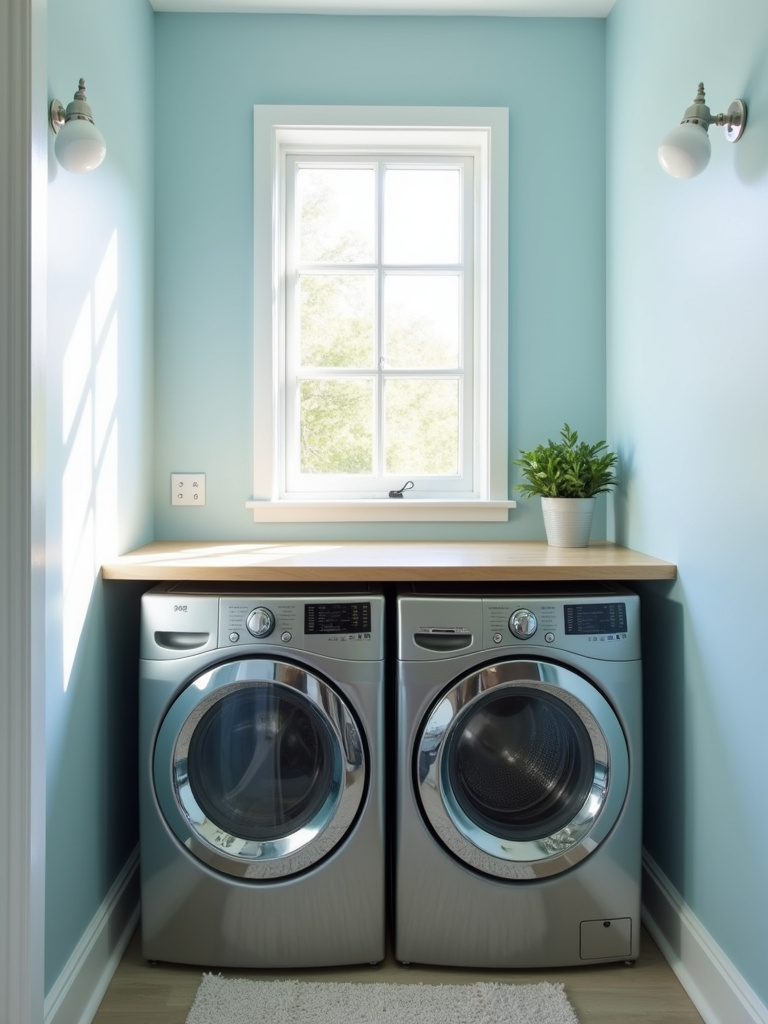 Bright and airy laundry room with pale blue walls and natural light.