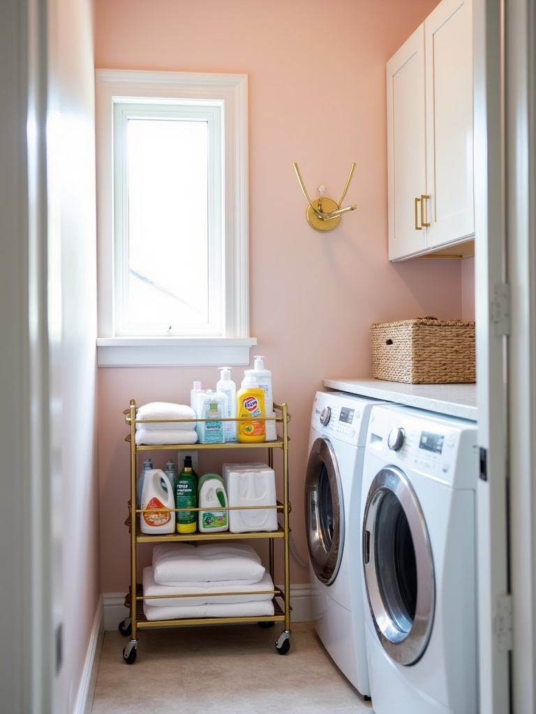 Stylish laundry room with a gold metal utility cart holding laundry supplies, placed next to a white washing machine, adding a touch of glam to the functional space.