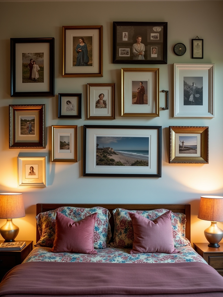Bohemian bedroom with a gallery wall above the bed featuring a variety of mismatched frames and colorful artwork, illuminated by warm bedside lamps.