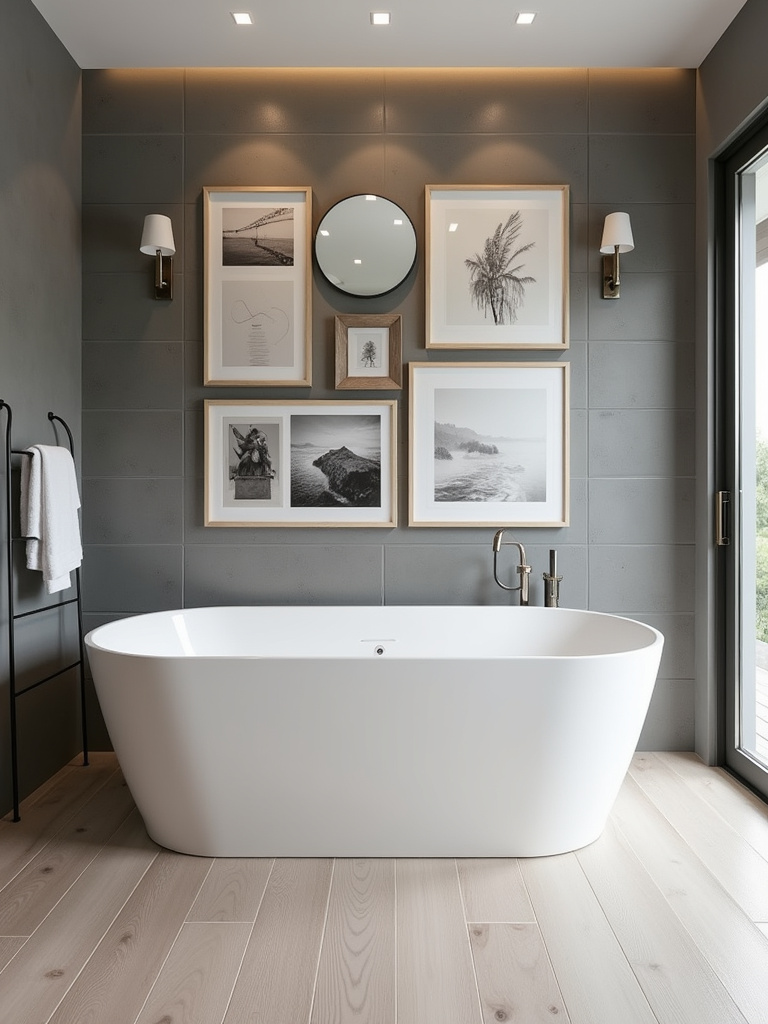 Large gallery wall above a freestanding bathtub in a luxurious modern bathroom, featuring framed art prints, photographs, and a mirror.