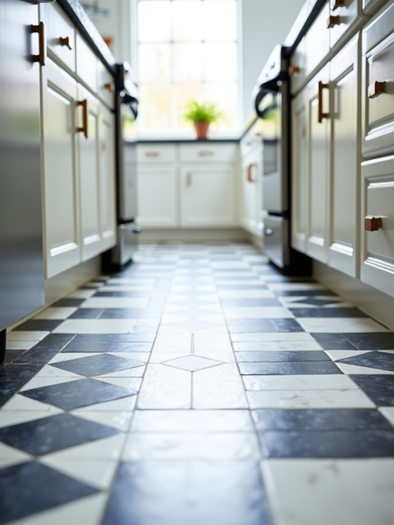Modern kitchen flooring featuring a bold black and white geometric patterned tile design.