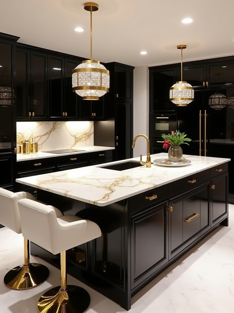 Glamorous kitchen featuring a black kitchen island with high-gloss black cabinets, a white marble countertop with gold veining, and gold accents throughout.