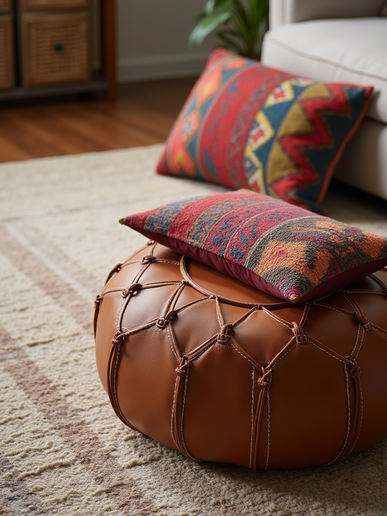 Close-up of boho living room global decor accents: a Moroccan leather pouf and a Kilim pillow, adding cultural richness and texture.