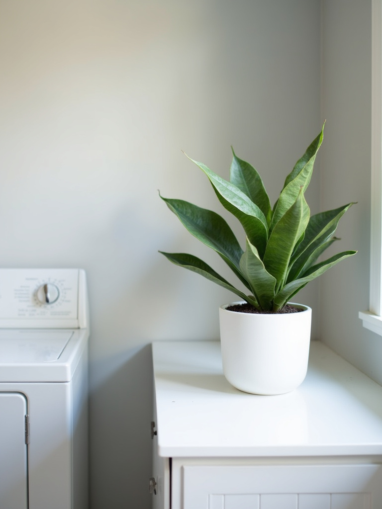 Serene laundry room with a potted snake plant in a white ceramic pot on a white countertop, adding a touch of natural greenery to the minimalist space.