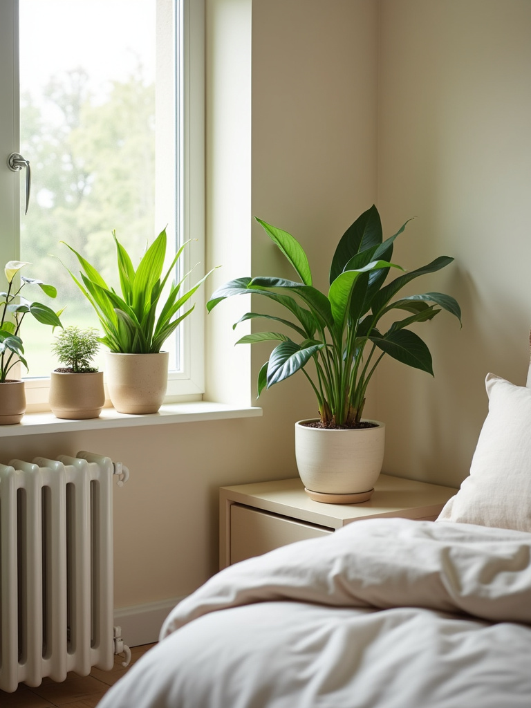 “Beige bedroom incorporating various indoor plants to introduce life, color, and a sense of freshness into the neutral space.”