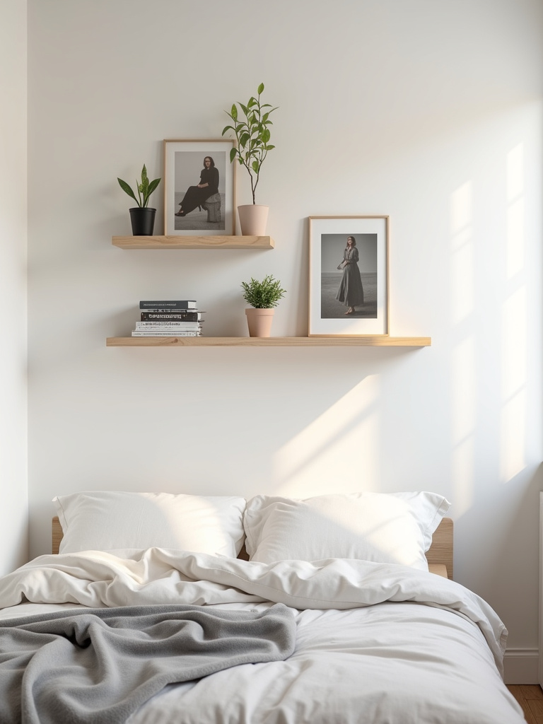 Light wood floating shelves providing minimalist display and storage in a modern small bedroom.