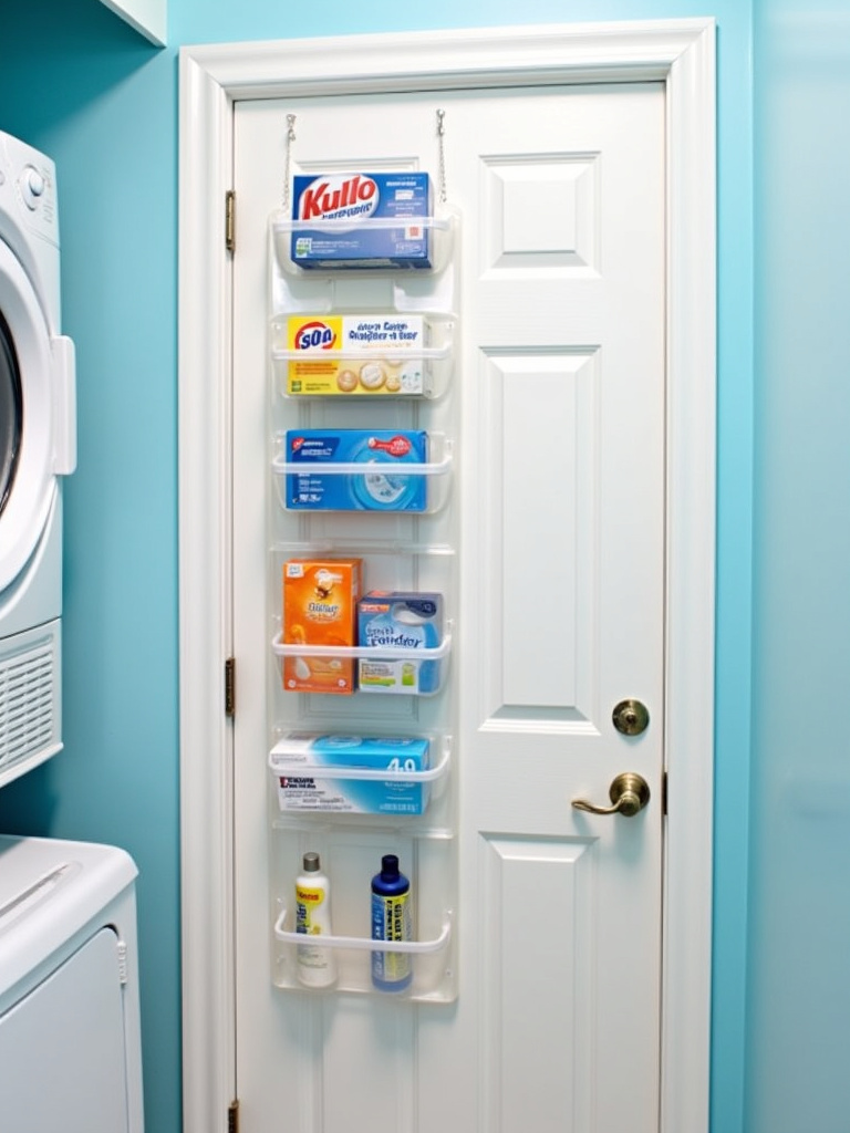 Over-the-door organizer filled with laundry supplies hanging on a laundry room door.