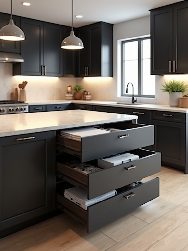 Well-organized modern kitchen featuring a black kitchen island with drawers and cabinets showcasing hidden storage solutions.