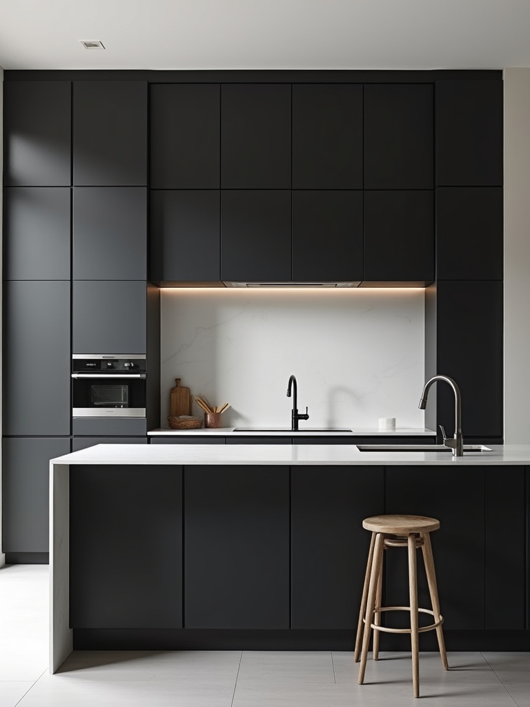 Modern high-contrast kitchen featuring a black kitchen island with a stark white quartz countertop, emphasizing the black and white color scheme.