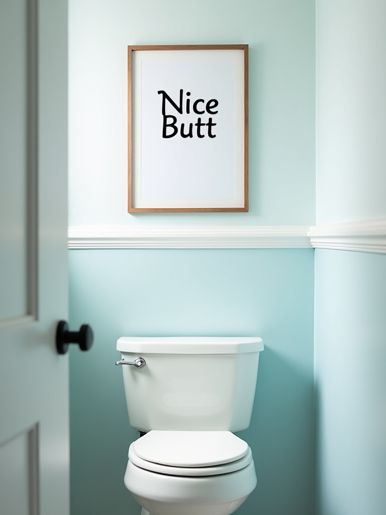 Framed humorous quote print with ‘Nice Butt’ above a white toilet in a bright and cheerful bathroom.