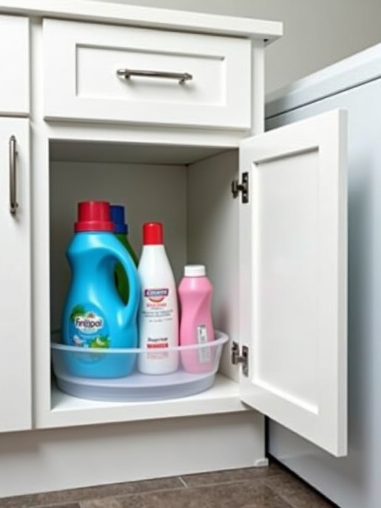 Clear Lazy Susan filled with detergent bottles inside a laundry room cabinet.
