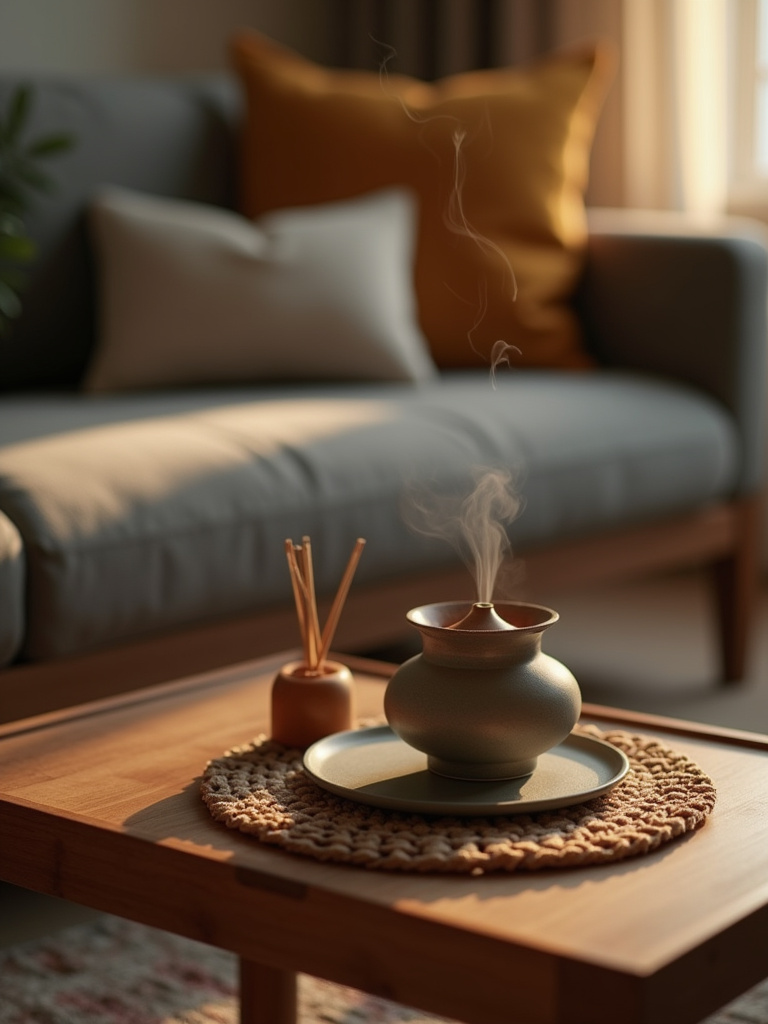 Close-up of a boho living room detail featuring an incense burner and diffuser on a coffee table, creating a sensory and relaxing ambiance.