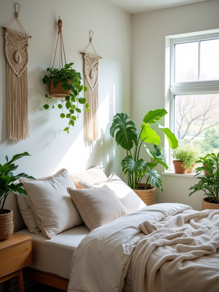 “Bohemian bedroom filled with indoor plants, adding greenery and a fresh, lively atmosphere to the decor.”