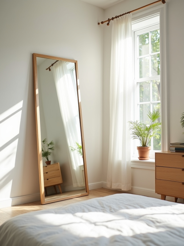 Large mirror visually expanding a bright small bedroom by reflecting light and space.