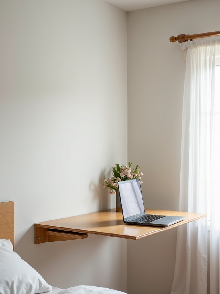 Slimline fold-down desk for work or vanity incorporated into a space-saving small bedroom design.