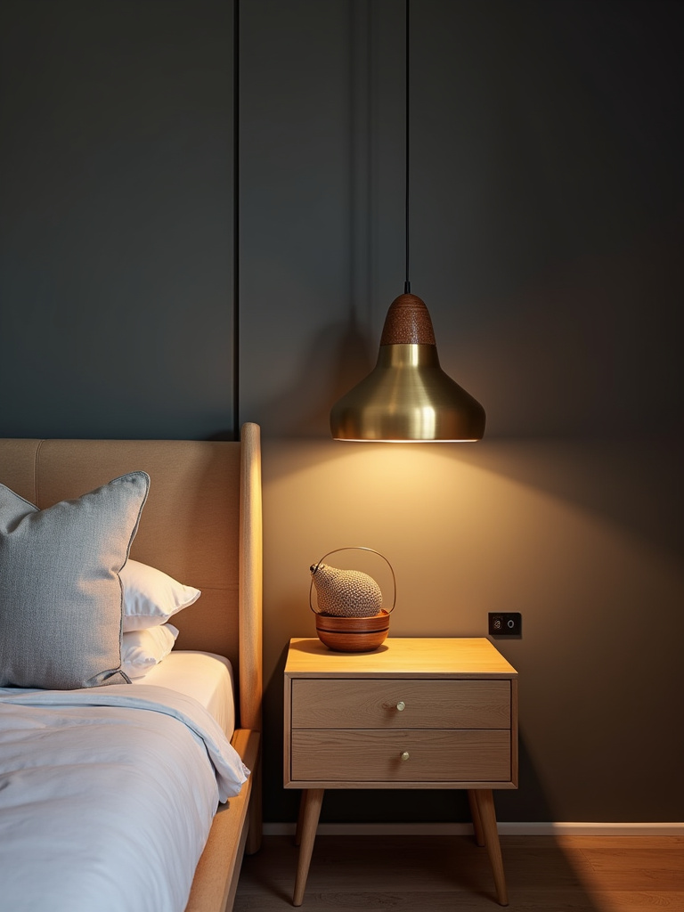 “Modern bedroom with a brass pendant light hanging above a nightstand, creating a warm and stylish ambiance.”
