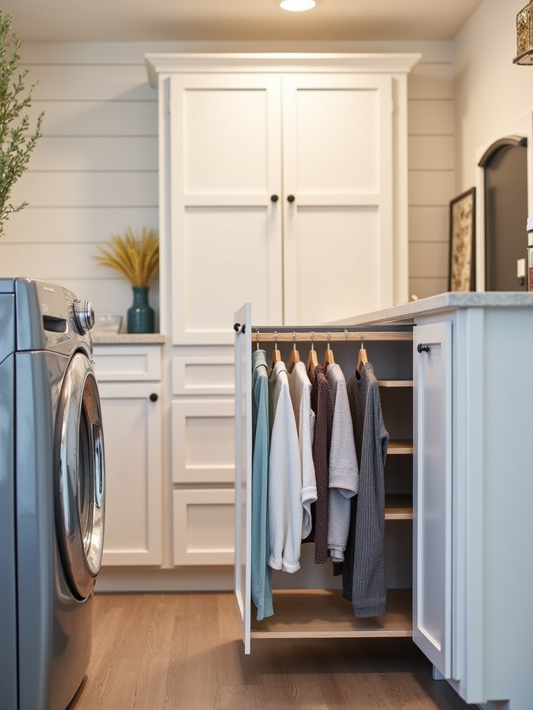 Farmhouse laundry room with a white cabinet and pull-out drying rack holding clothes.