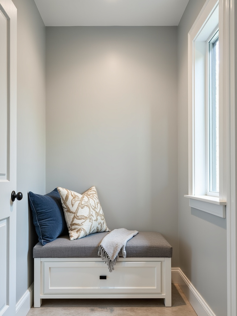 Gray upholstered storage bench with lift-up seat in a transitional laundry room.