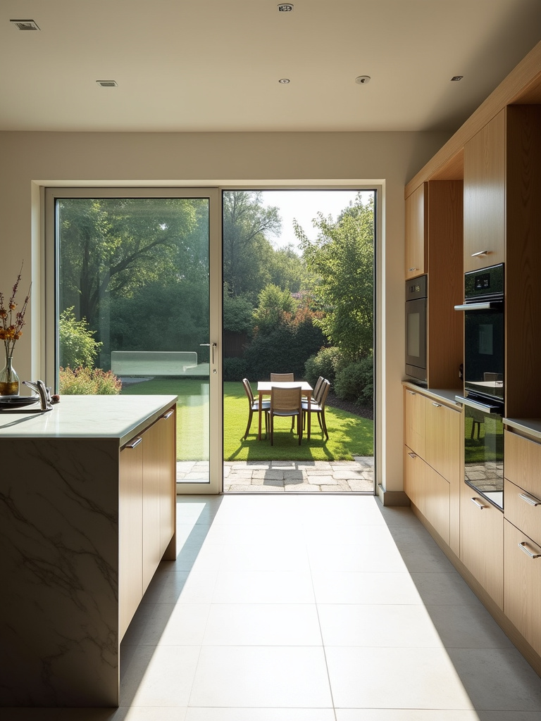 Modern kitchen with sliding glass doors creating seamless indoor-outdoor flow to a patio and garden.