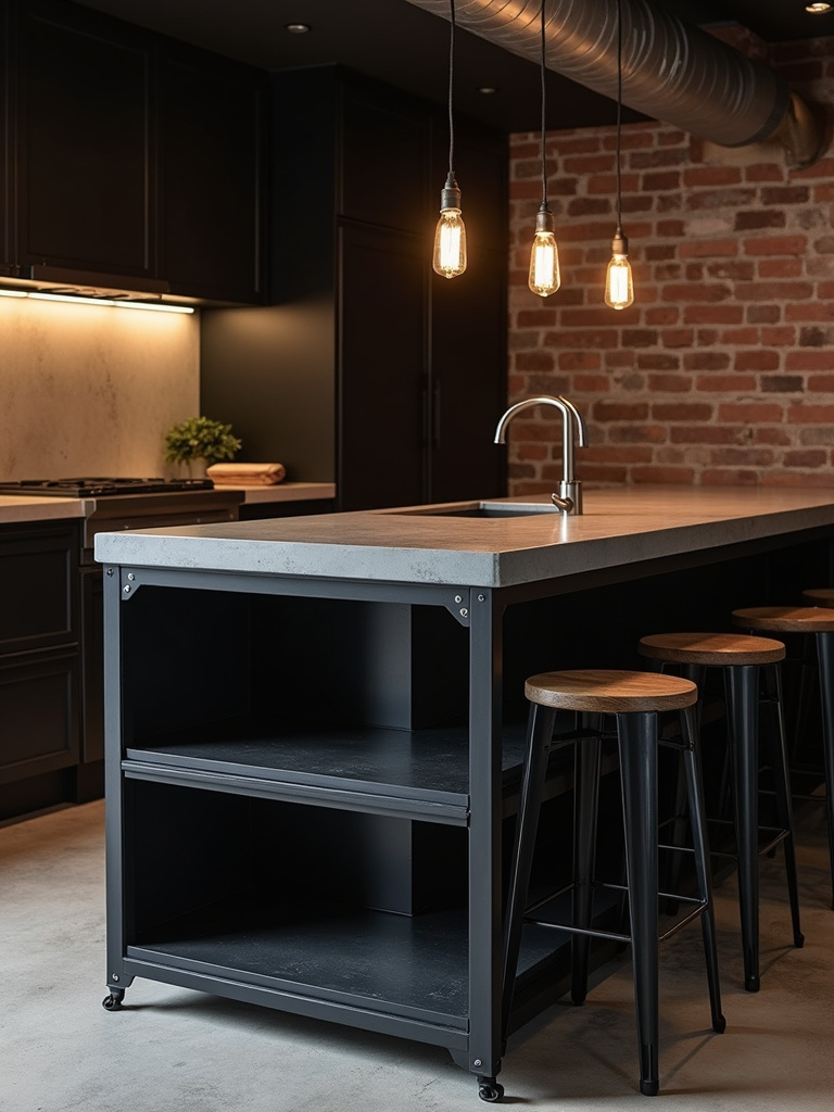 Industrial chic kitchen featuring a black metal kitchen island with a raw concrete countertop, open metal shelving, and exposed brick in the background.