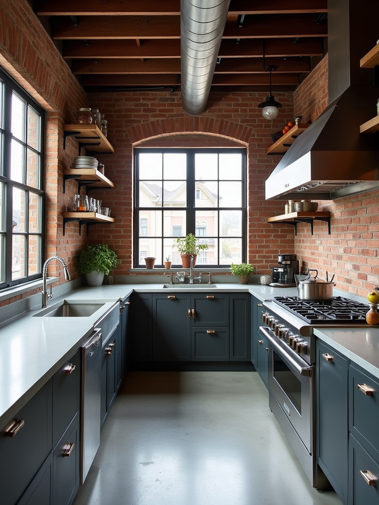 Contemporary industrial-inspired kitchen featuring exposed brick, concrete countertops, and metal accents.