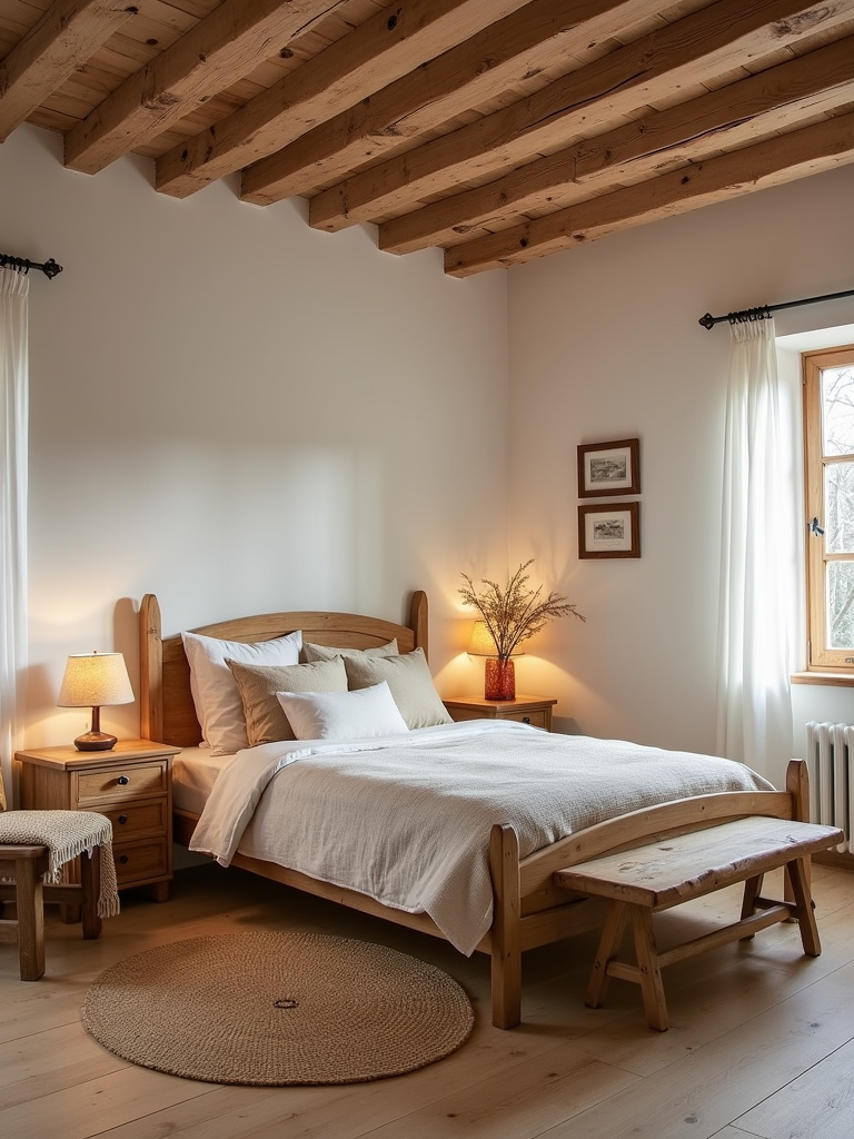 “Rustic bedroom interior featuring natural wood furniture, woven textiles, and a warm, inviting atmosphere.”