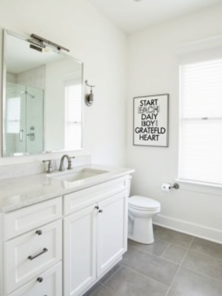 Framed typography art print with ‘Start Each Day With a Grateful Heart’ above a white vanity in a minimalist bathroom.