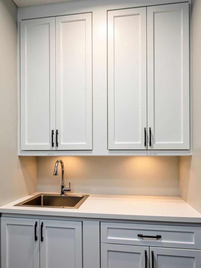 Modern laundry room with white shaker cabinets above a utility sink and countertop.