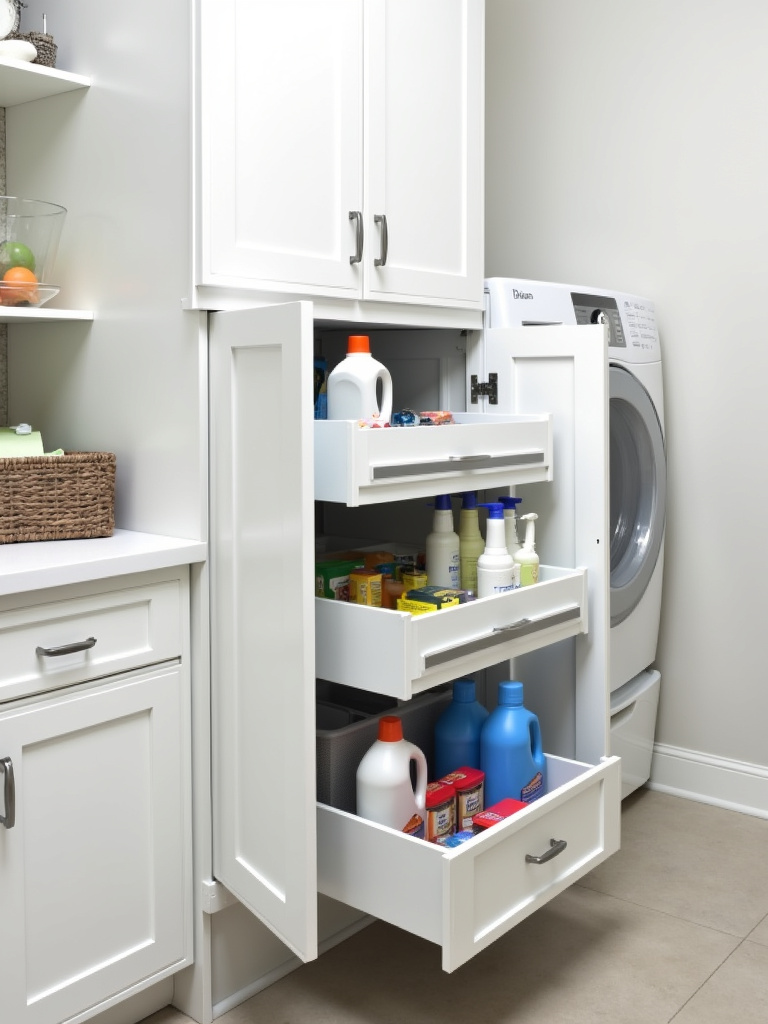 White laundry room base cabinet with sliding shelves pulled out, showing organized laundry supplies.