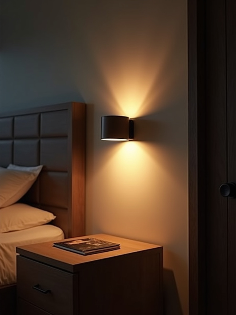 Wall sconces saving nightstand space in a modern small bedroom illuminated at night.