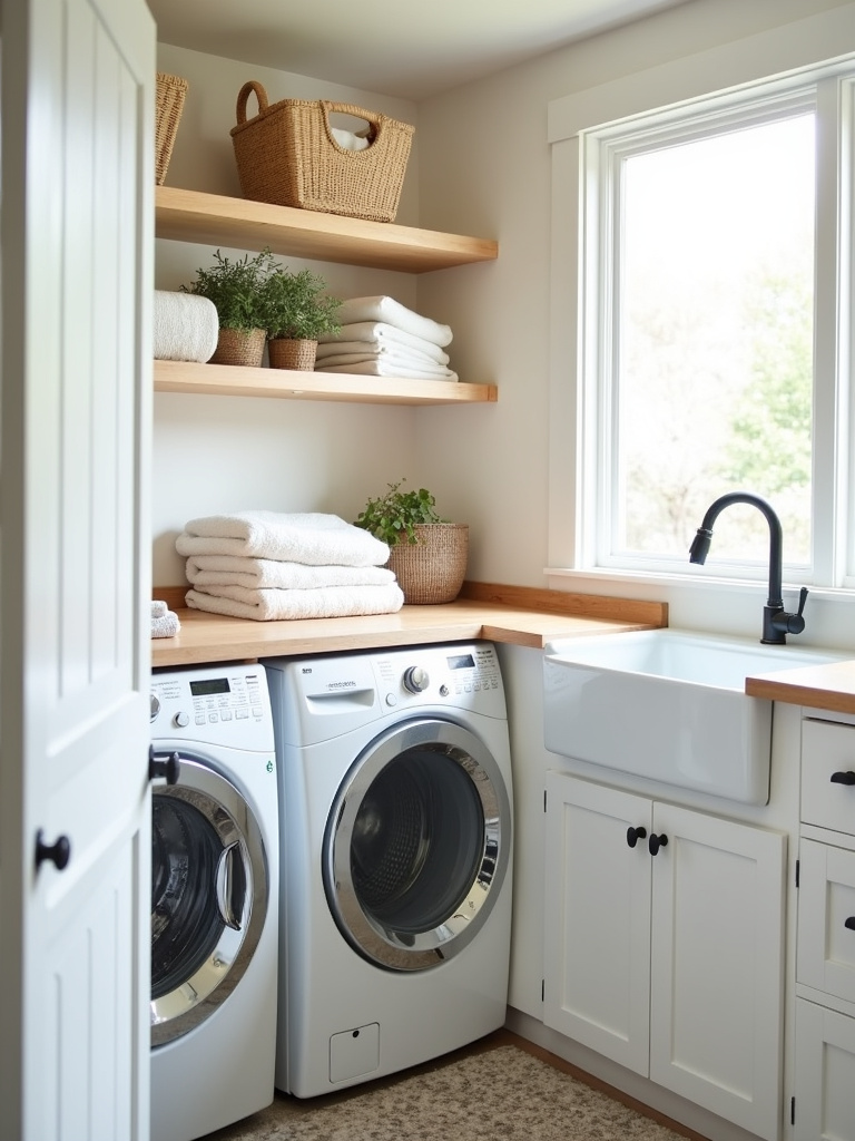 Transitional laundry room with a light wood folding counter above the washer and dryer.