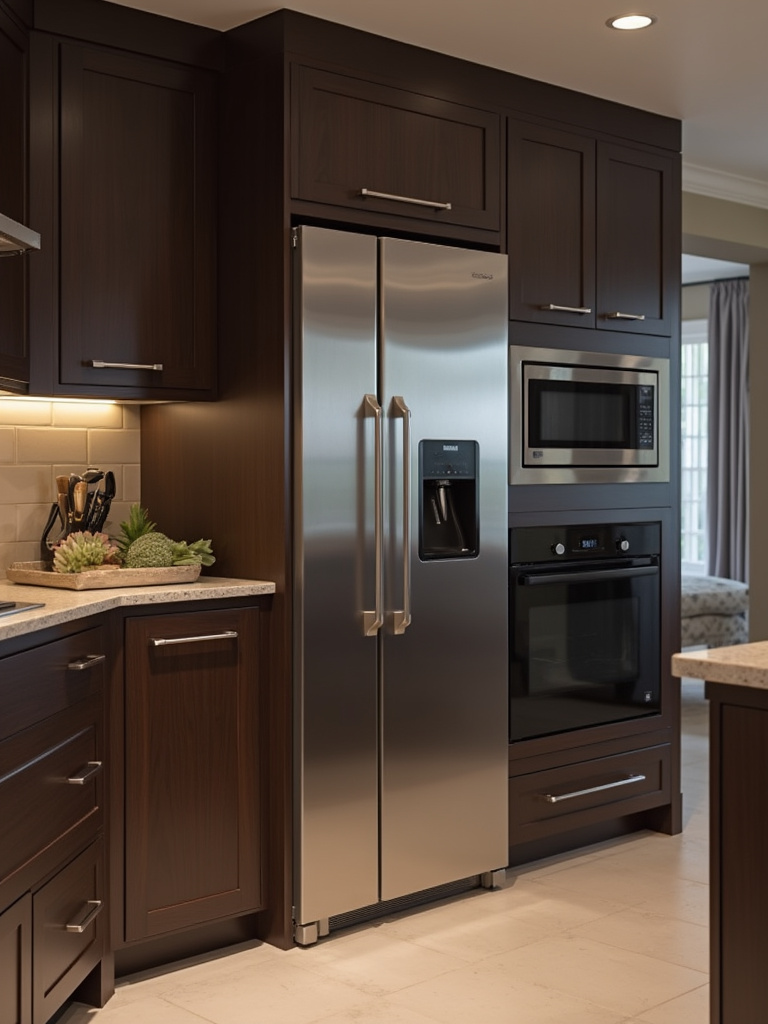 Contemporary kitchen featuring integrated smart appliances seamlessly incorporated into dark wood cabinetry.