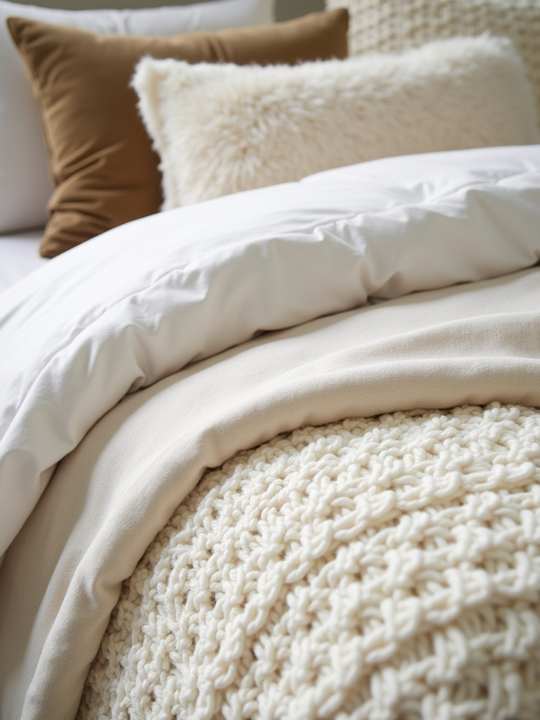 “Luxurious and inviting bed with layered textural bedding in neutral creams and whites, including linen, knit, and velvet.”