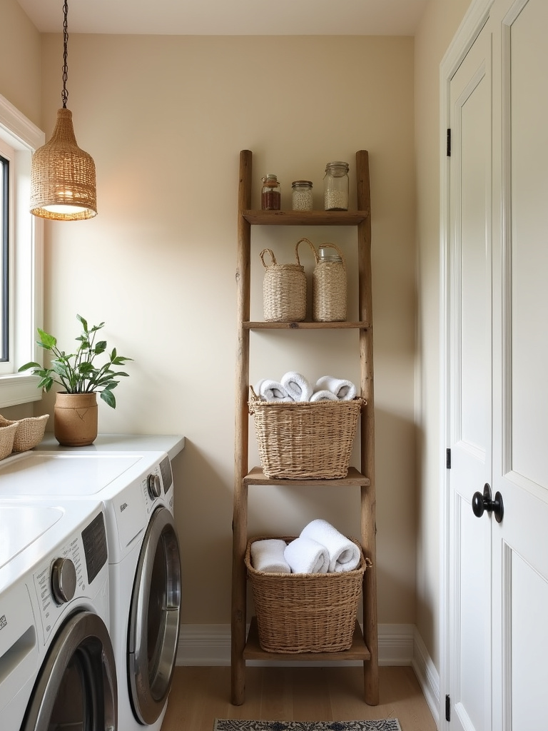 Wooden ladder shelf in a bohemian laundry room, styled with baskets, towels, and decorative items.