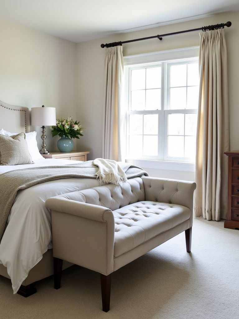 “Transitional bedroom with a stylish upholstered bench at the foot of the bed, adding seating and decorative flair.”