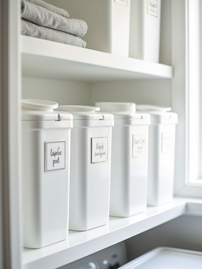 Minimalist laundry room shelf with matching white storage containers holding laundry supplies.