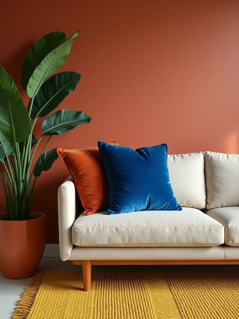 Boho living room color palette showcasing jewel tones and earthy hues: terracotta walls, sapphire blue pillow, emerald green plant, and mustard yellow rug.