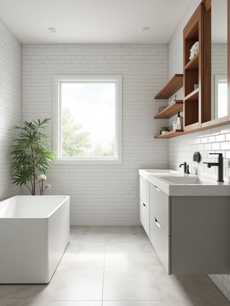 Stylish modern bathroom with a chic neutral color palette of white, light gray, and natural wood, creating a bright and airy atmosphere.