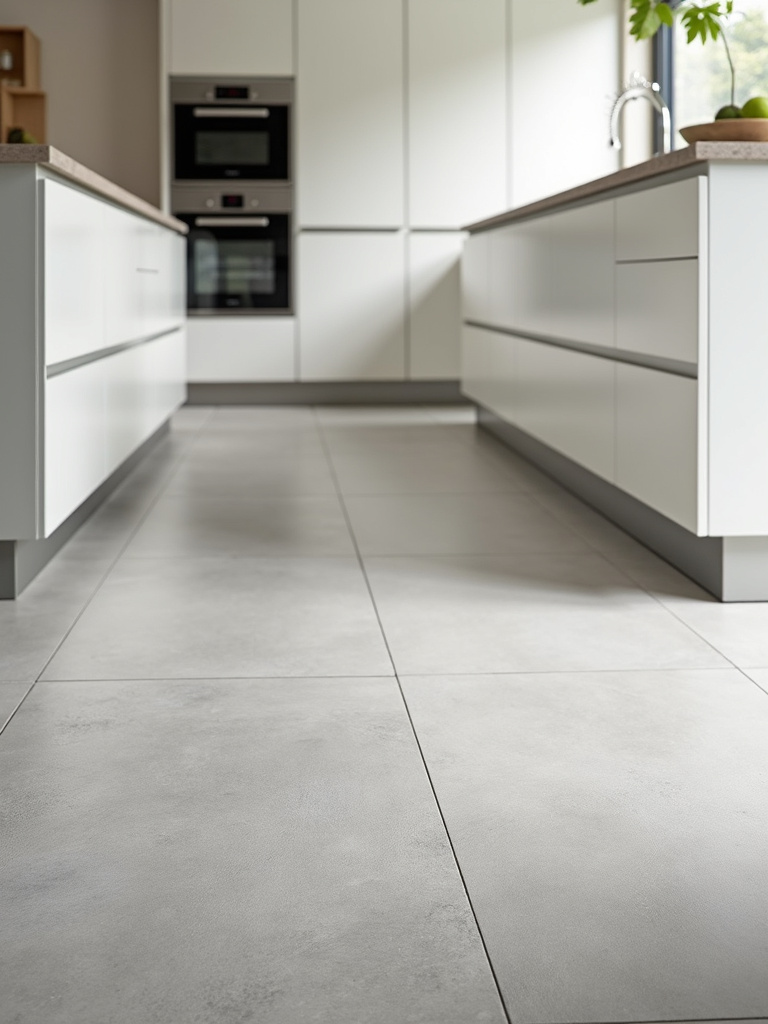 Contemporary kitchen featuring large format light grey porcelain floor tiles creating a seamless and spacious look.