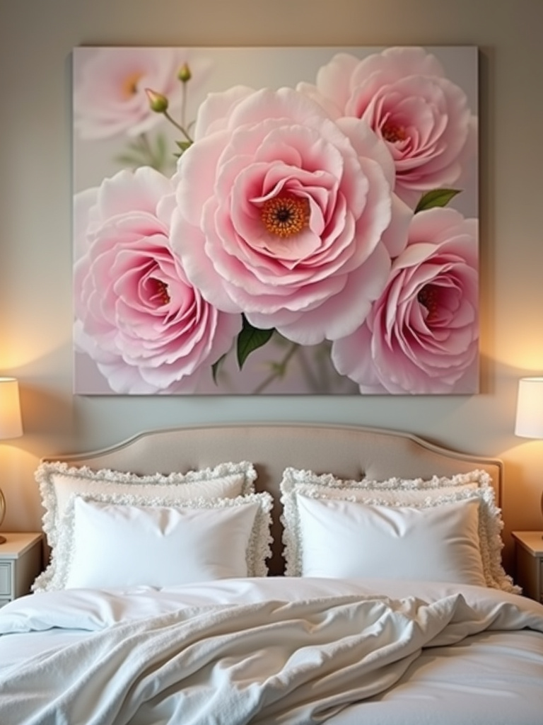 Romantic bedroom featuring a large-scale floral painting of pink roses hanging above a bed with plush bedding and lace details, illuminated by soft, warm lamplight.