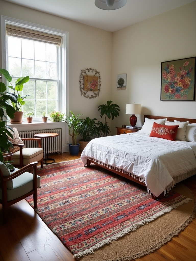 “Eclectic bedroom with layered rugs, including a jute base rug and a colorful patterned top rug, adding warmth and defining the space.”
